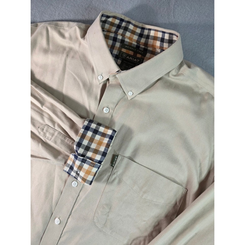 Ariat Mens XXL Tan Wrinkle Free Long Sleeve Button Down Plaid Trim Western Shirt